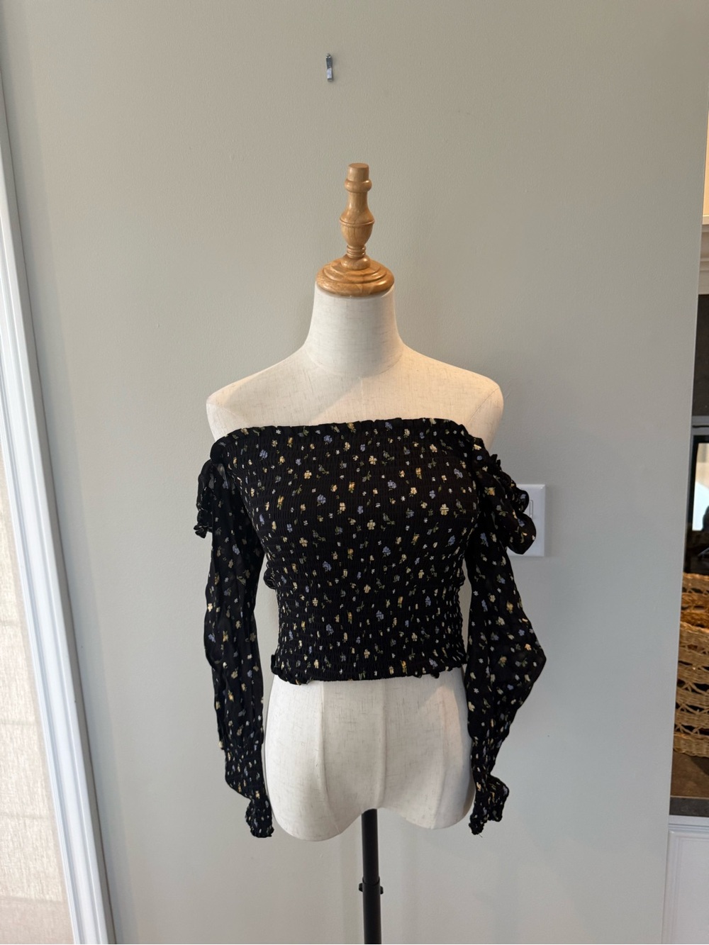 Reformation Black Smocked Off-Shoulder Floral Blouse